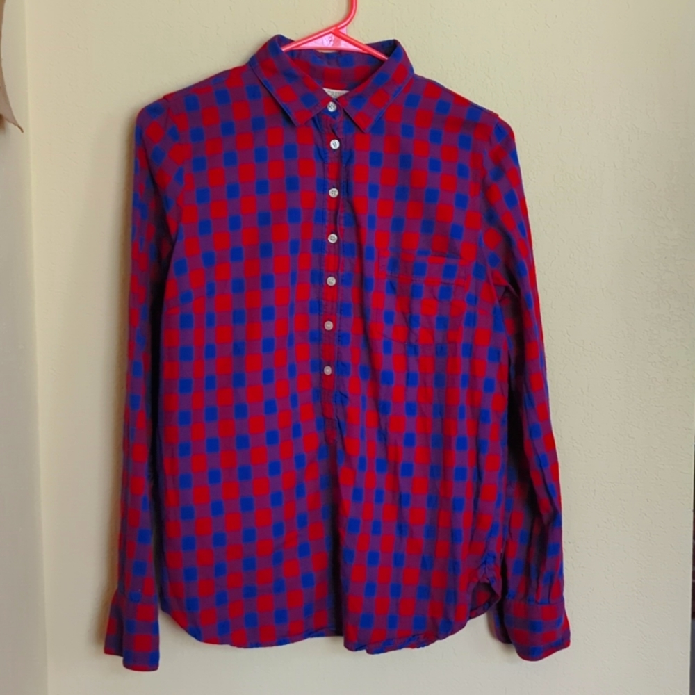 J. Crew Blue & Red Plaid Partial Button Down